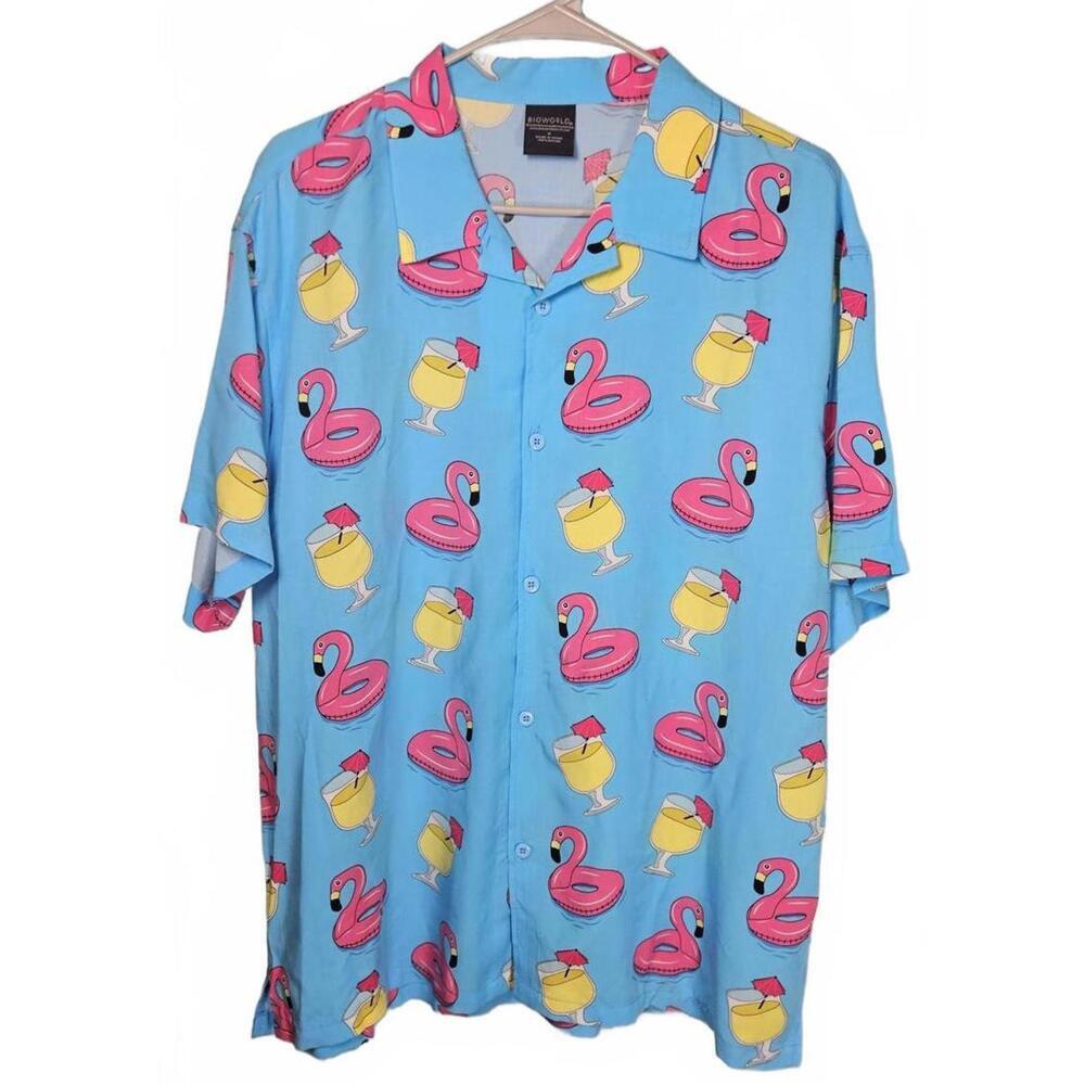 Bioworld Men's Rayon Vibrant Flamingo Cocktail Hawaiian‎ Shirt Size Medium